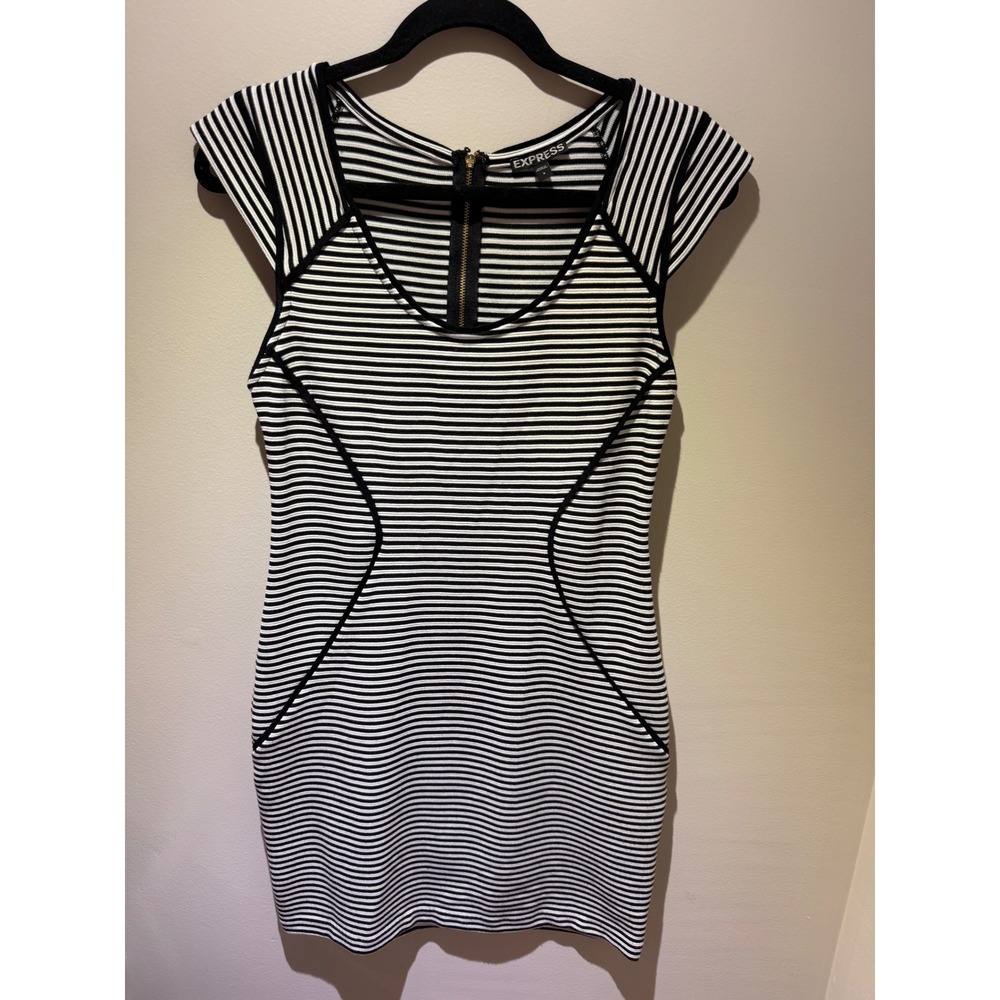 Express Womens Black White Striped Bodycon Dress Cap Sleeve Full Back Zip 8